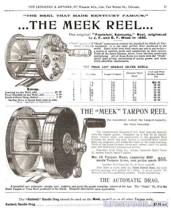 B F Meek and Sons Reels in 1904 VLA Catalog 